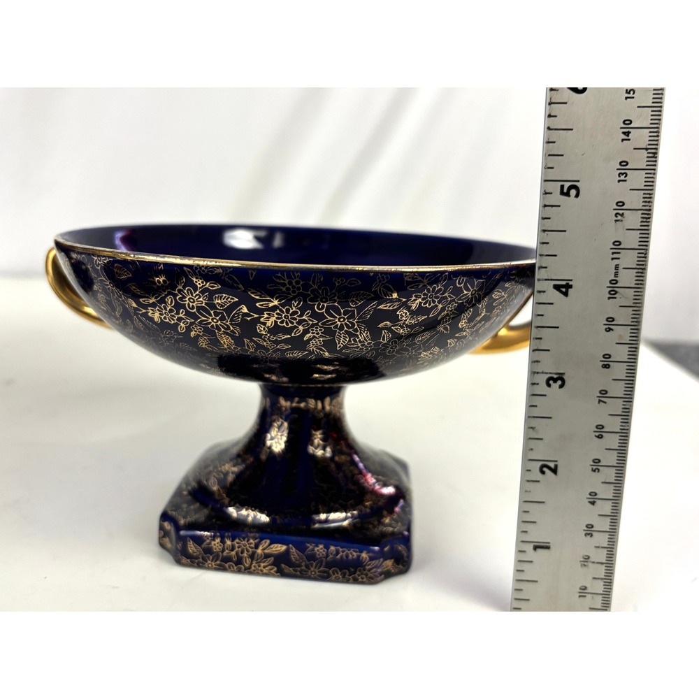 Vintage Cobalt‎ Blue Footed Covered Candy Dish Pair Gold Floral Japan - Picture 14 of 16